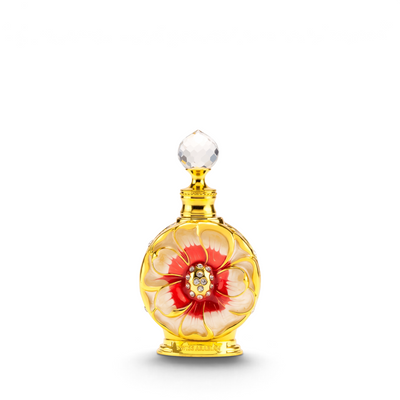 Palette 21 Layali Rouge 15ml perfume oil in a decorative gold bottle with red and white floral enamel and crystals