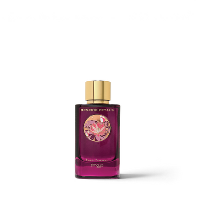 Palette 21 Zimaya Reverie Petals Eau de Parfum in a deep purple glass bottle with a gold cap and floral design.