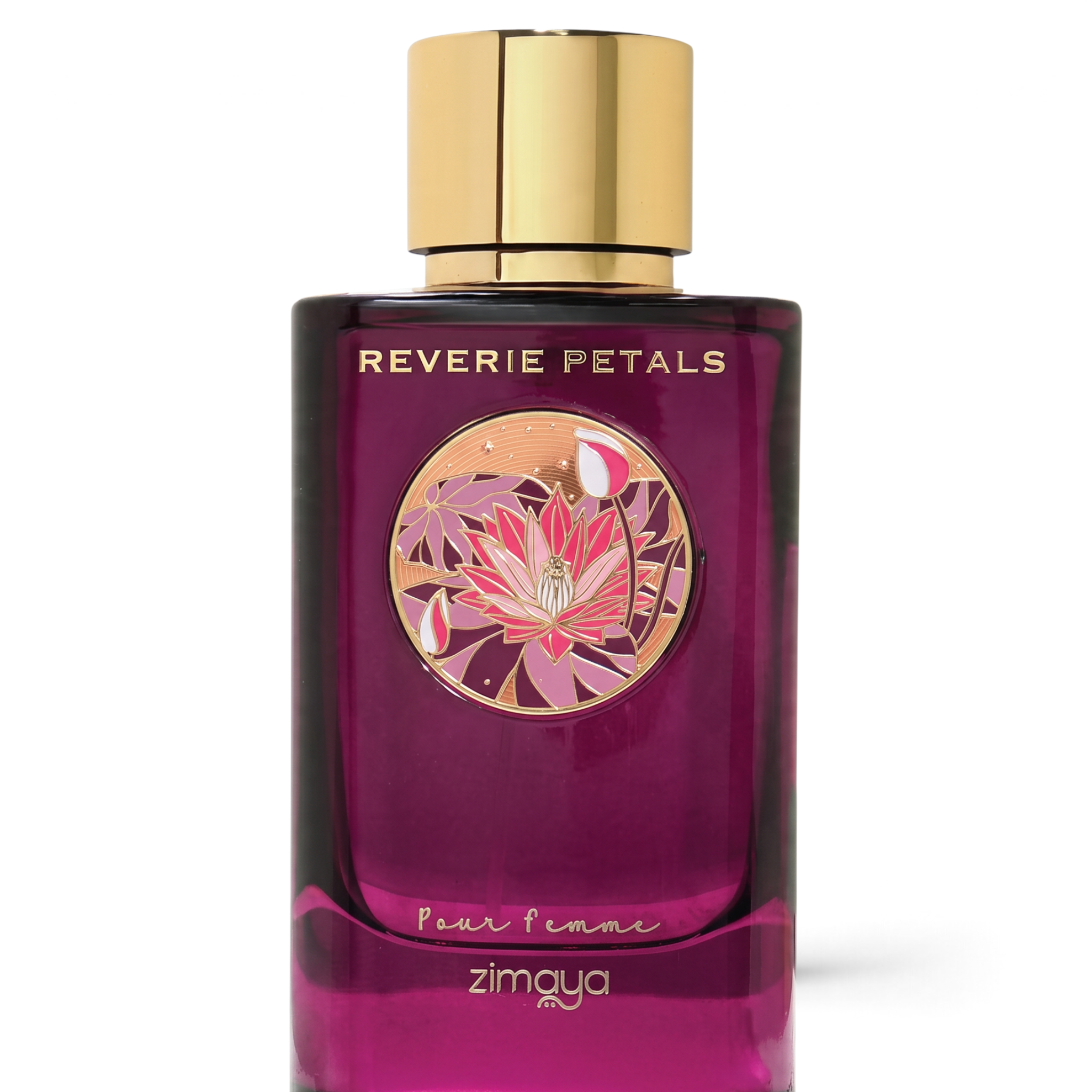 Palette 21 Zimaya Reverie Petals Eau de Parfum in a deep purple glass bottle with a gold cap and floral emblem.