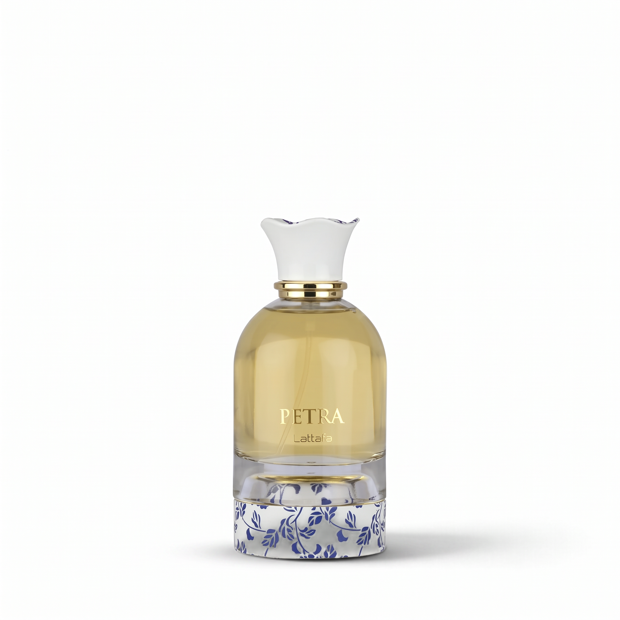 Palette 21 Lattafa Petra 100ml perfume bottle with a white floral base and gold accents on a white background