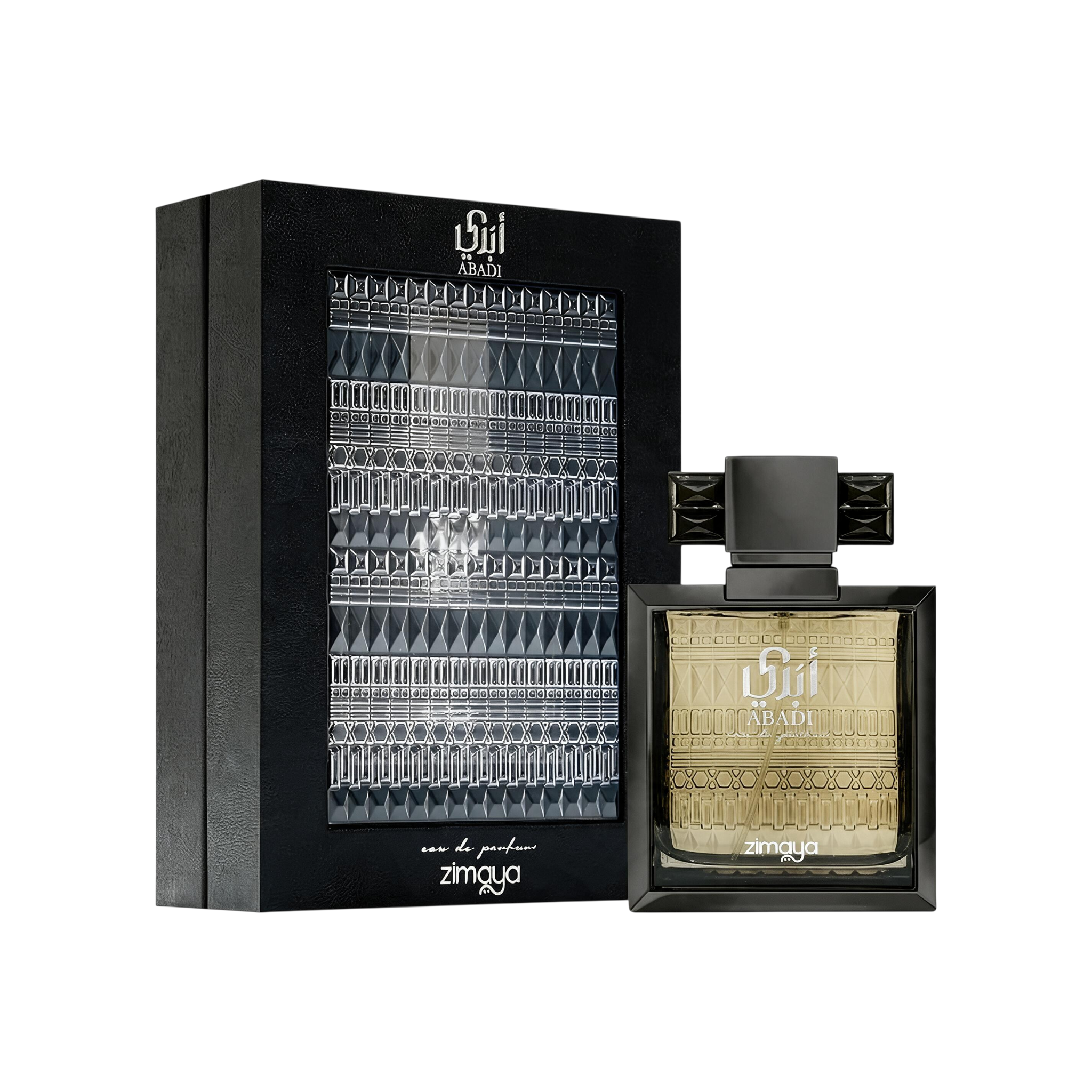 Palette 21 Zimaya Abadi Saga Eau de Parfum for men in a sleek black bottle with matching textured presentation box
