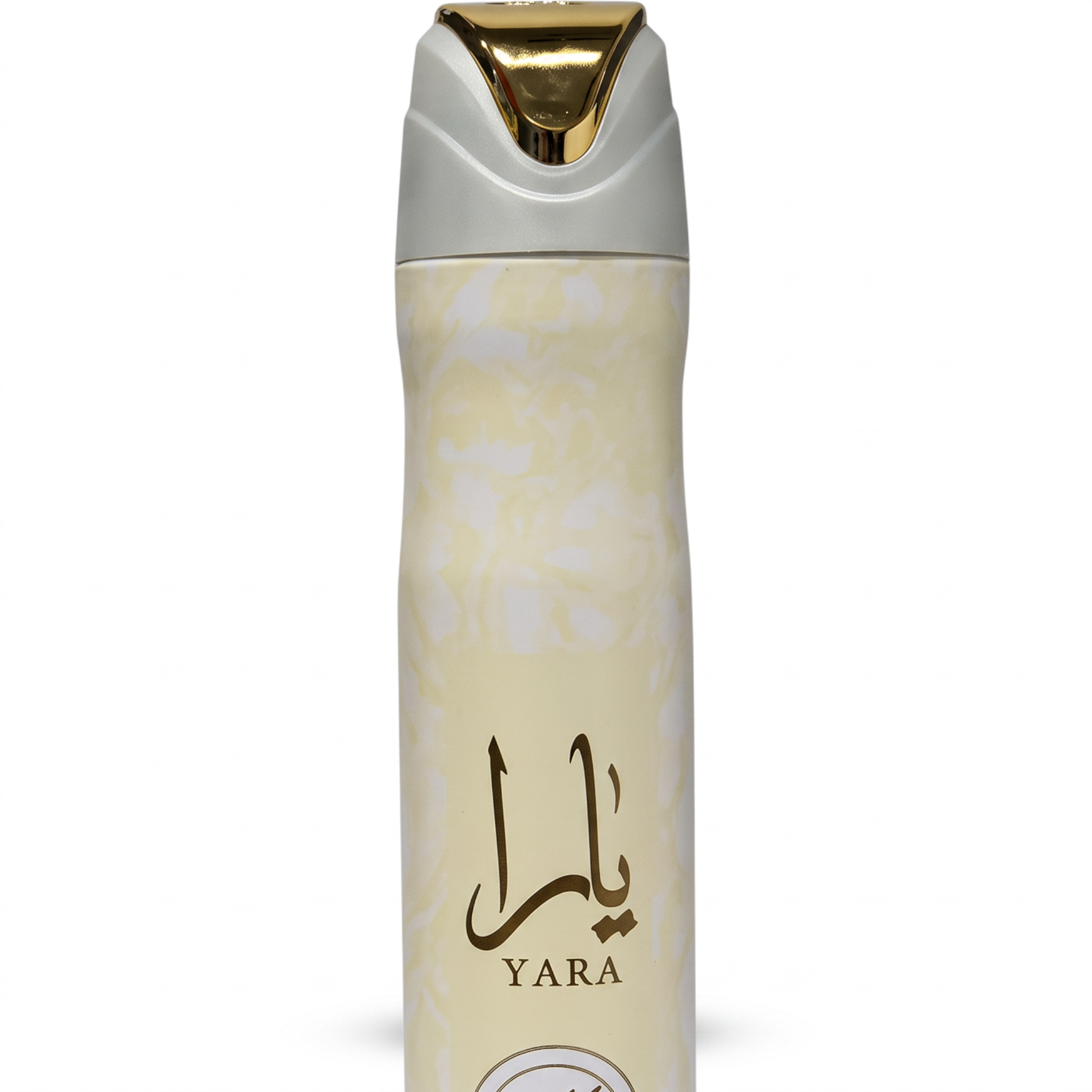 Palette 21 Lattafa Yara Moi 300ml deodorant spray in a cream-colored bottle with gold accents and elegant calligraphy.