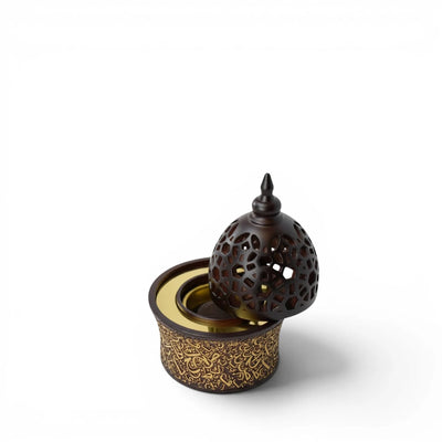 Decorative Calligraphy Style Closed Brown Bakhoor Burner burner with intricate designs on a white background