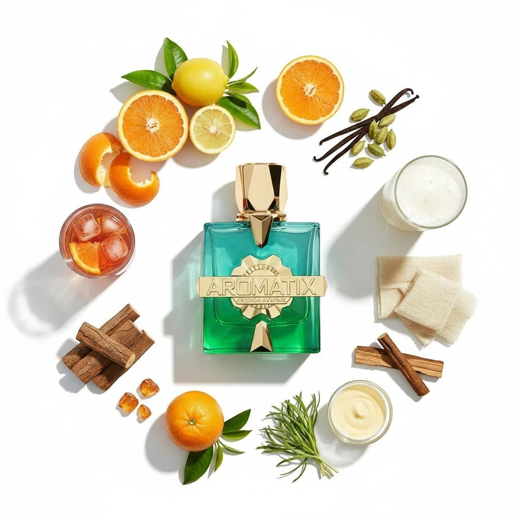 French Avenue Aromatix Sunkissed fragrance notes - bitter orange, pomelo, bergamot, tea, aperol, cardamom, cedarwood, vetiver and vanilla