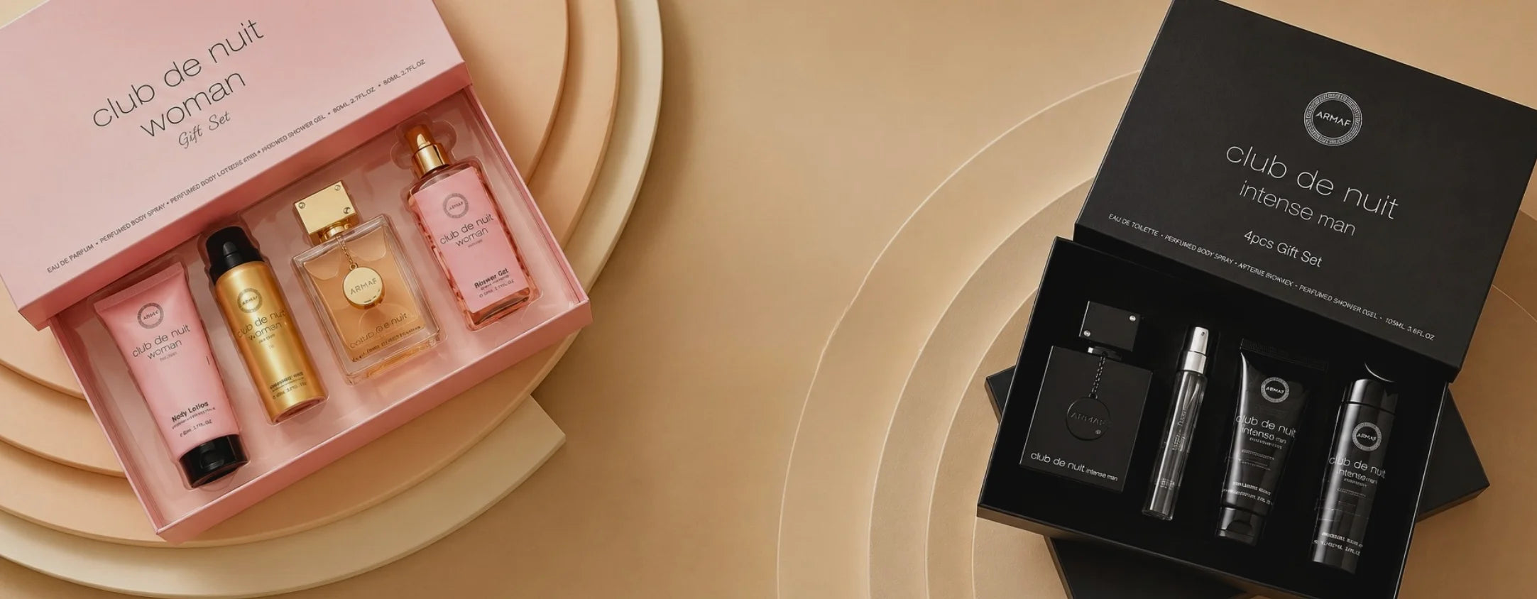 Two cosmetic sets from 'club de nuit' on a beige background