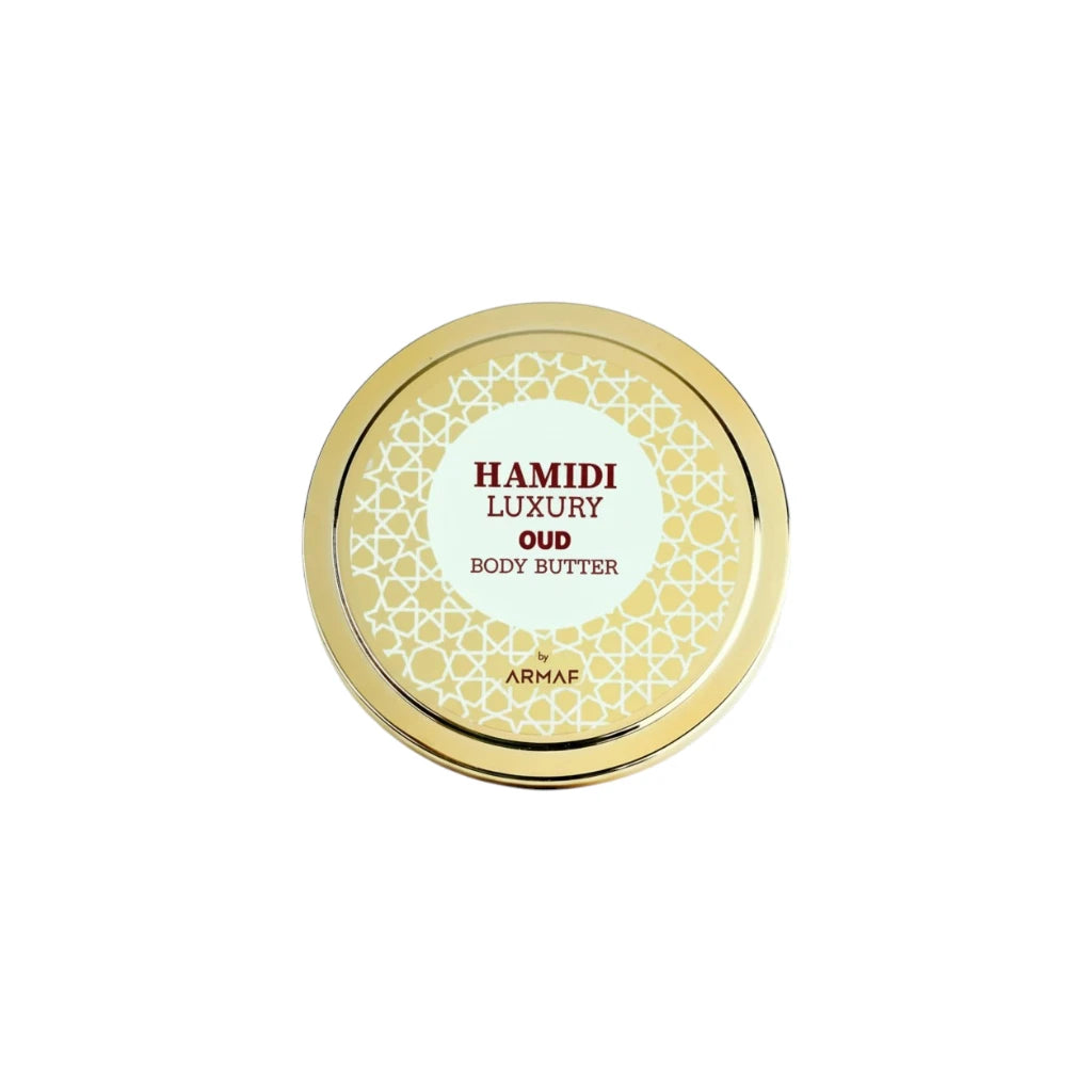 Gold container of Hamidi Luxury Oud Body Butter on a white background