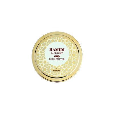 Gold container of Hamidi Luxury Oud Body Butter on a white background