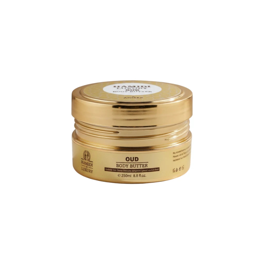 Gold jar of Hamidi Luxury Oud Body Butter on a white background