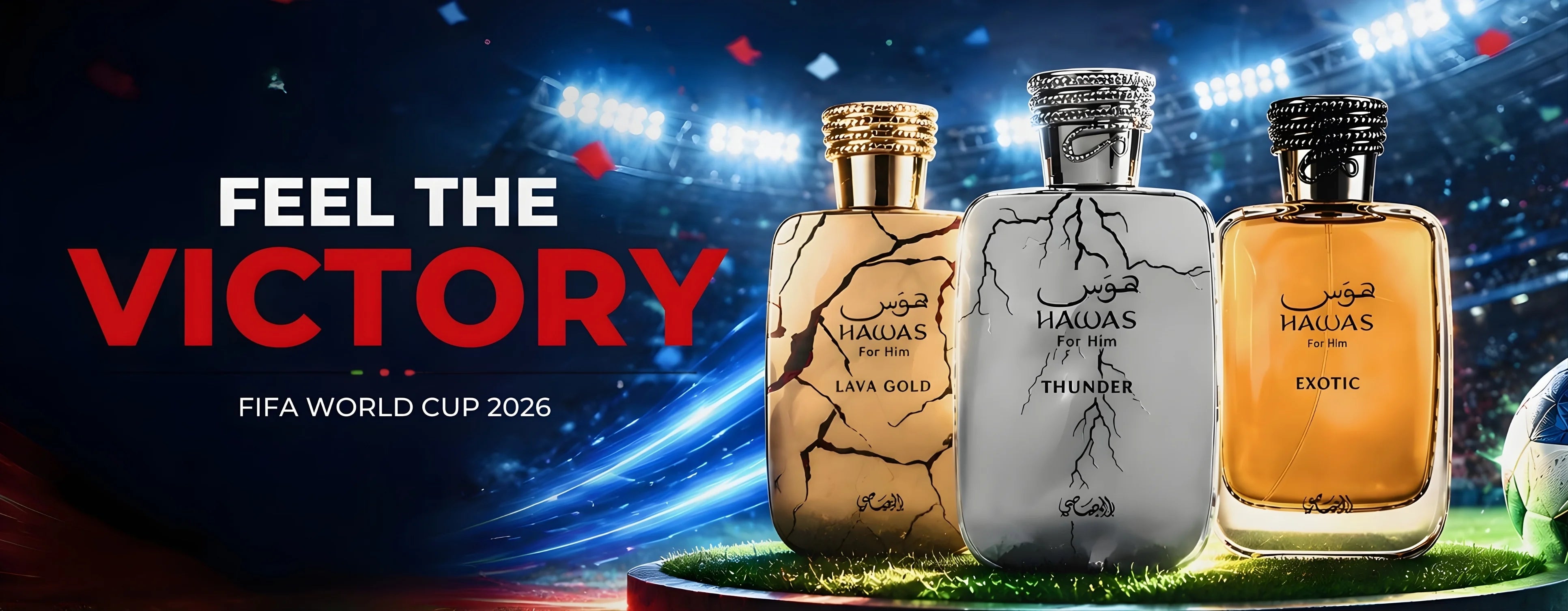 Three Hawas for Him perfume bottles on a grassy field with stadium lights in the background, promoting FIFA World Cup 2026.