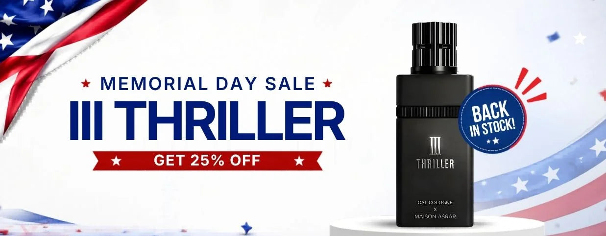III Thiller cologne bottle with Memorial Day sale text and American flag background
