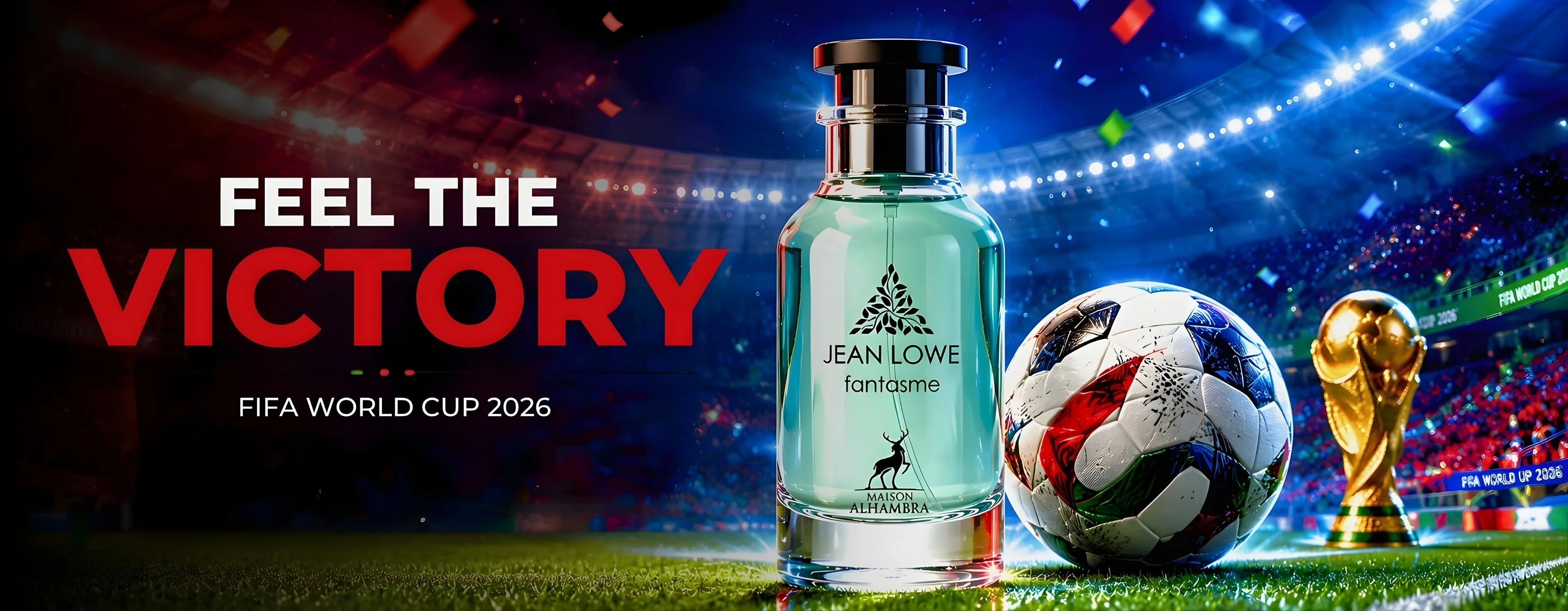 Jean Lowe Fantasme perfume bottle with FIFA World Cup 2026 ball and trophy on a stadium background