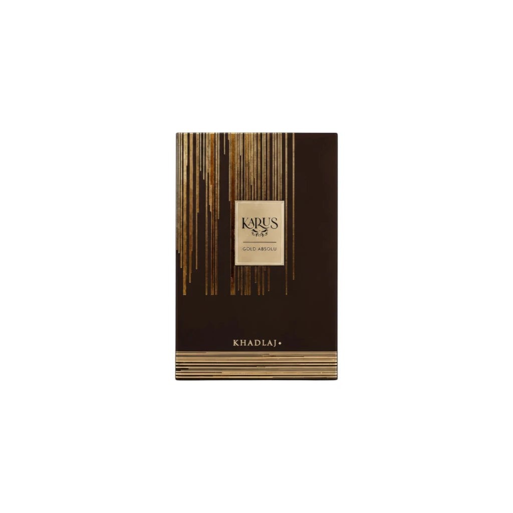 Khadlaj Karus Gold Absolu Eau de Parfum retail packaging box in dark brown and gold