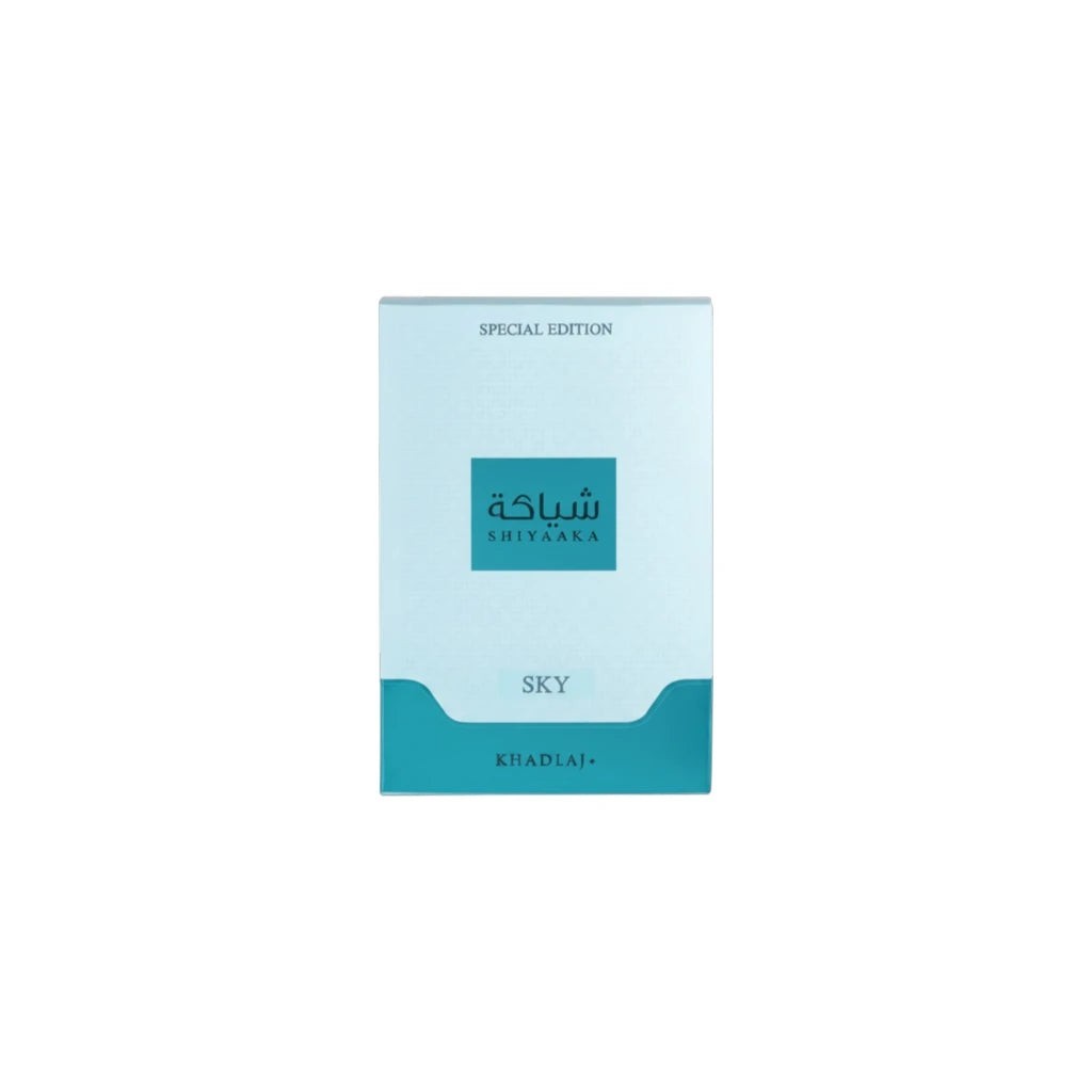 Khadlaj Shiyaaka Sky Eau de Parfum special edition retail packaging box in light blue and teal