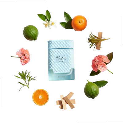 Khadlaj Shiyaaka Sky Eau de Parfum bottle surrounded by fresh citrus, orange blossom, and woody fragrance notes