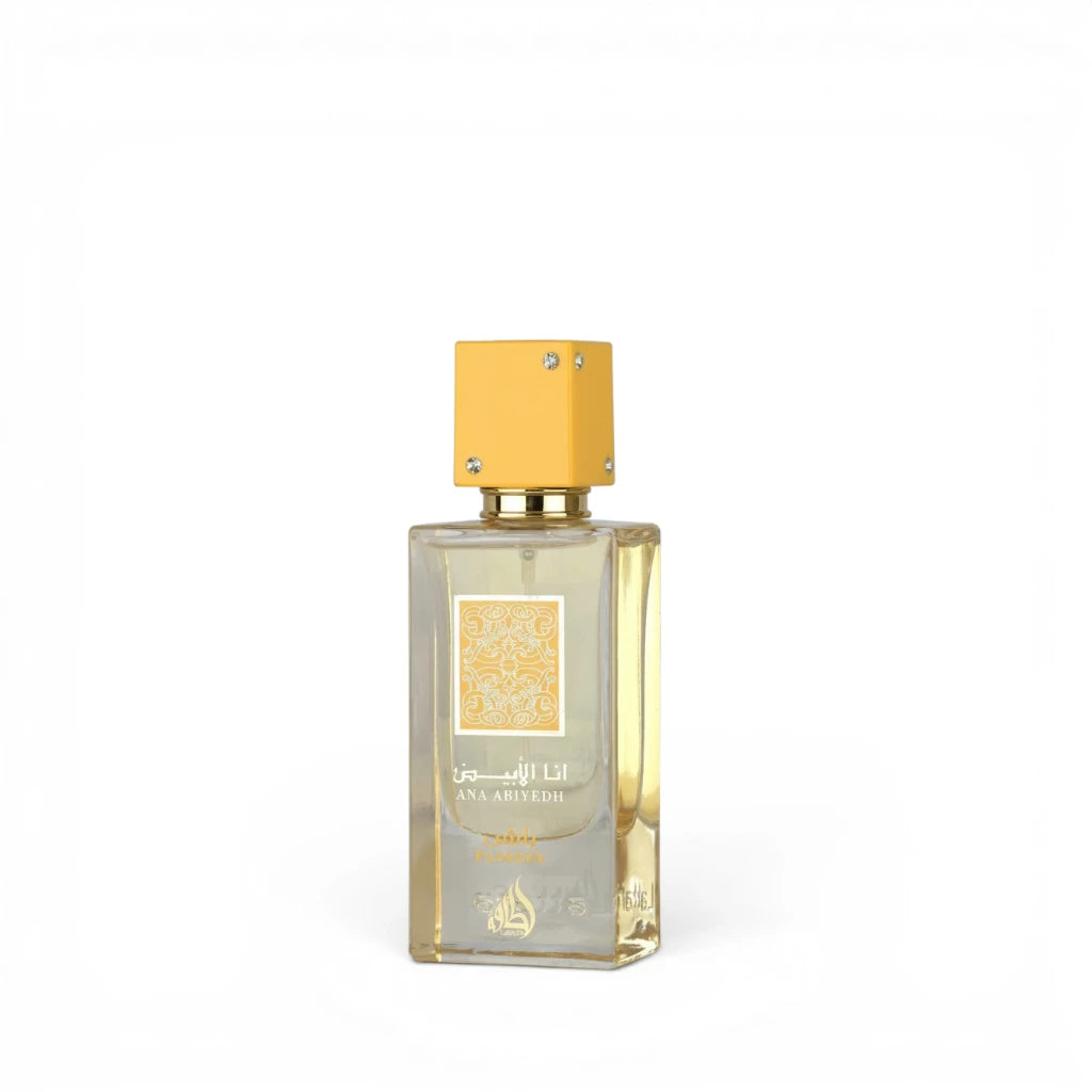 Lattafa Ana abiyedh Passion with gold cap and label on a white background