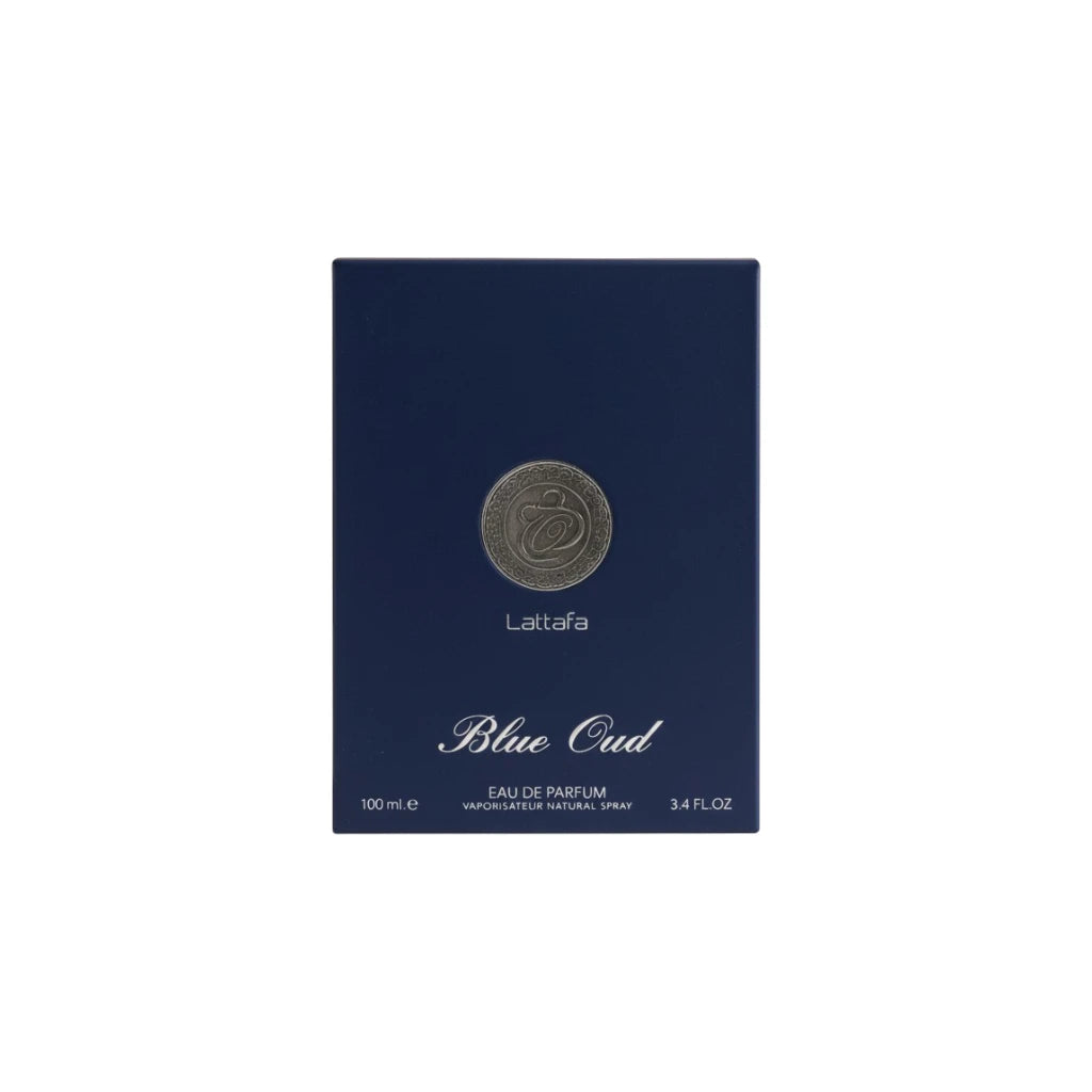 Lattafa Blue Oud perfume box on a white background