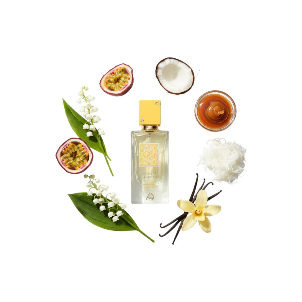 Lattafa Ana abiyedh Passion with floral and fruit elements on a white background