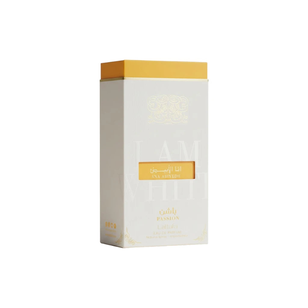 White box with Lattafa Ana abiyedh Passion on a white background