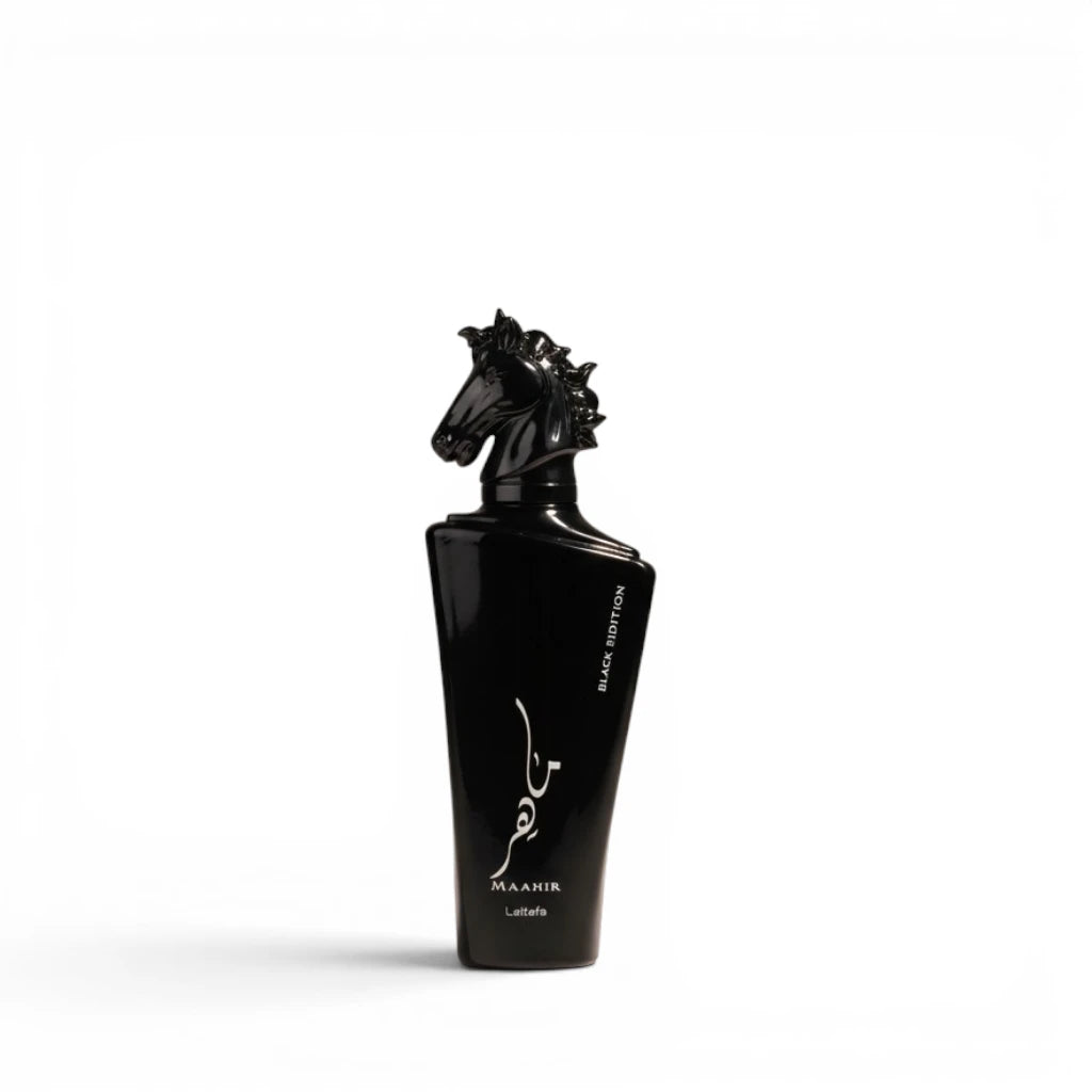 Black horse-shaped bottle with a logo on a white background