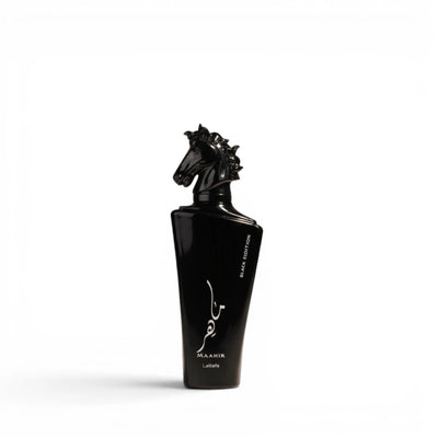 Black horse-shaped bottle with a logo on a white background