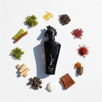 Black bottle with horse design surrounded by various herbs and spices on a white background