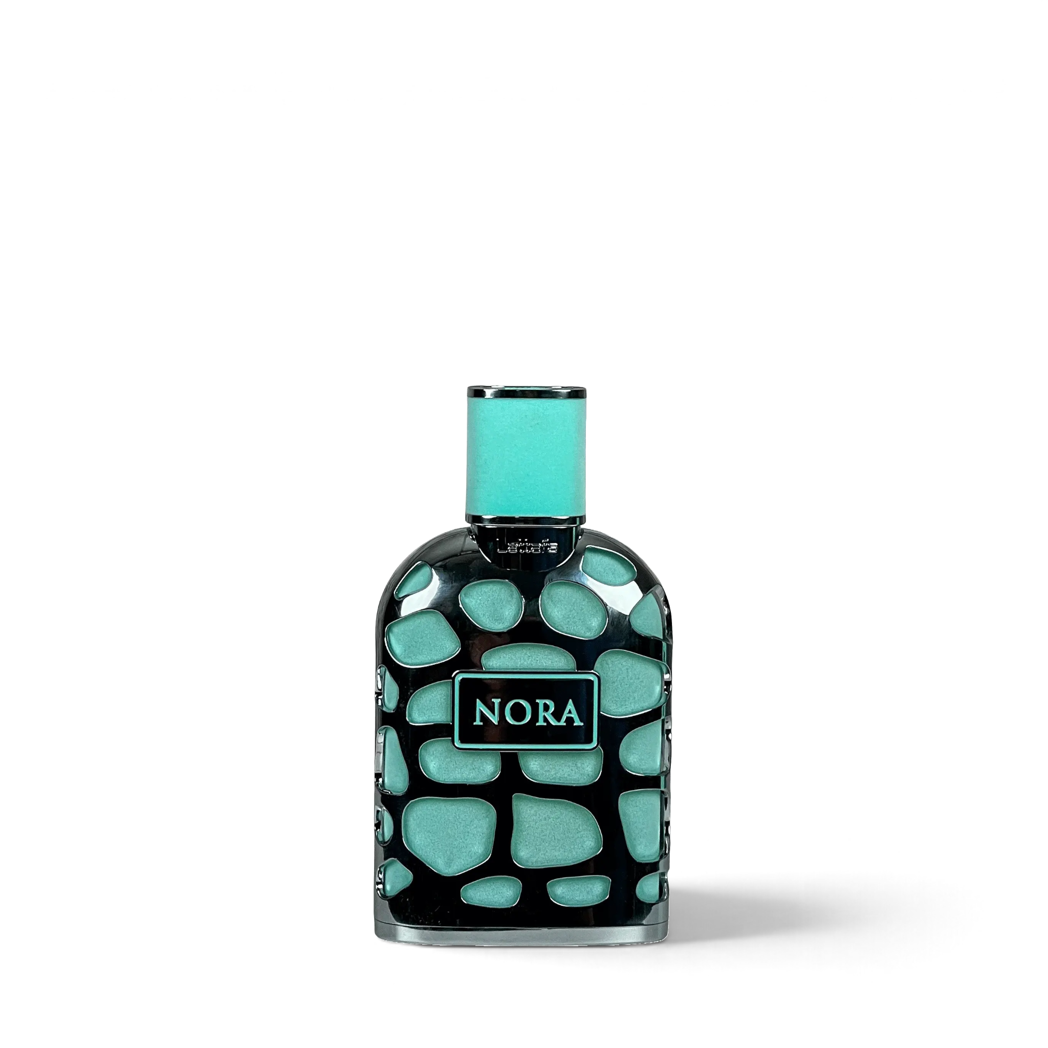 Palette 21 Lattafa Nora 100ml perfume bottle with a unique black and turquoise textured geometric design