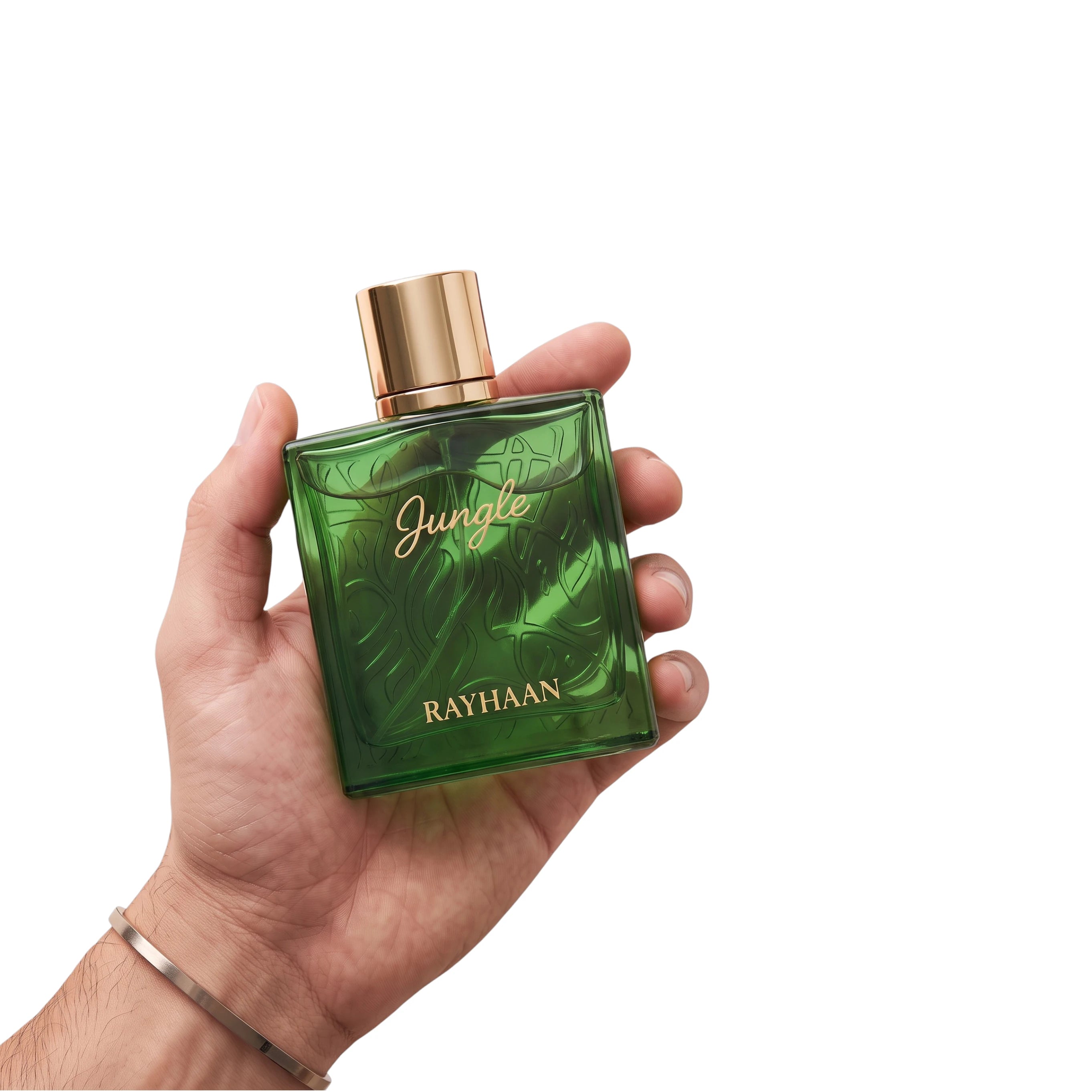 Hand holding Rayhaan Jungle Vibe green perfume bottle for size