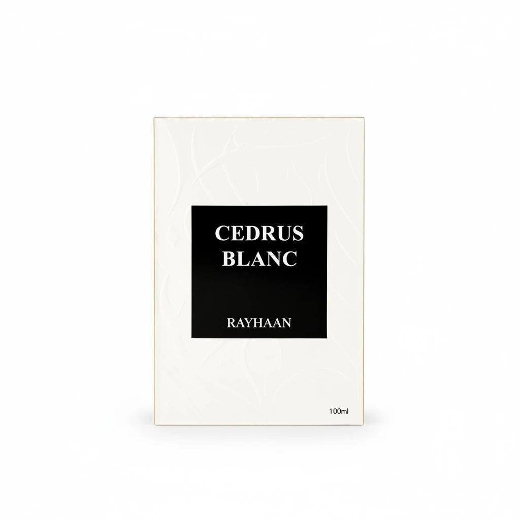 Rayhaan Cedras Blanc Eau de Parfum retail packaging box in cream and black