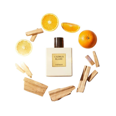 Rayhaan Cedras Blanc Eau de Parfum bottle surrounded by orange, lemon, and cedarwood fragrance notes