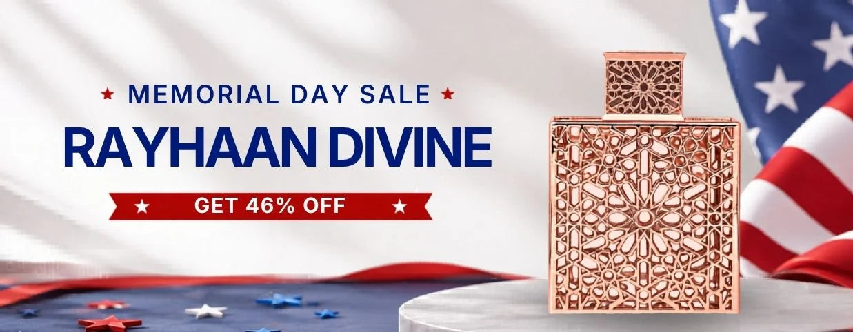 Rayhaan Divine perfume bottle with Memorial Day sale text on a patriotic background