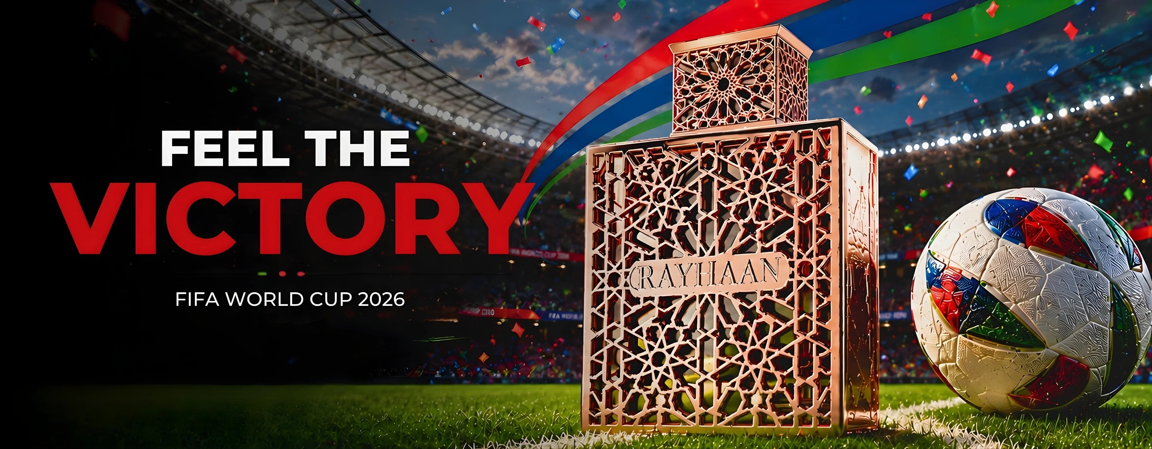 Rayhaan Divine perfume bottle with intricate design on a soccer field background, featuring 'Rayhaan' brand and 'Feel the Victory' text.