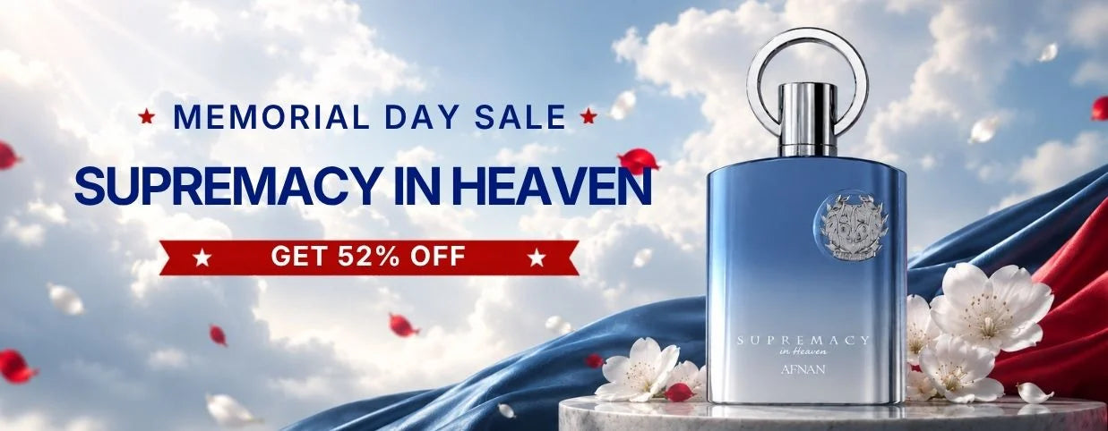 Perfume bottle with 'Supremacy in Heaven' on a Memorial Day sale background