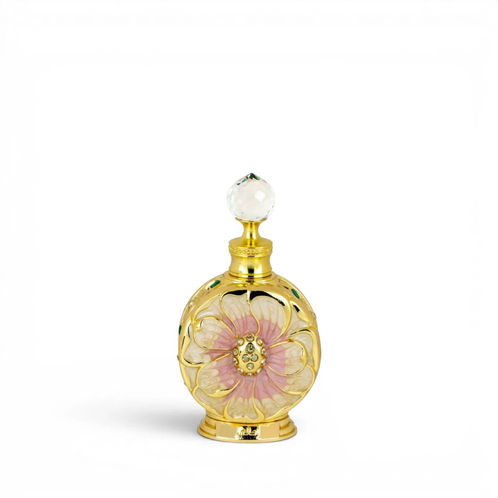 Amaali Perfume Oil perfume bottle with floral design and gold accents on a white background