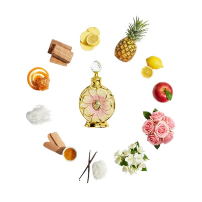 Amaali Perfume Oil bottle with floral design surrounded by fruits, flowers, and spices on a white background
