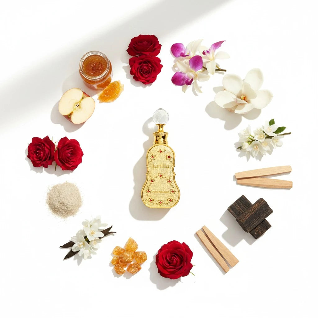 Perfume bottle surrounded by flowers and other items on a white background