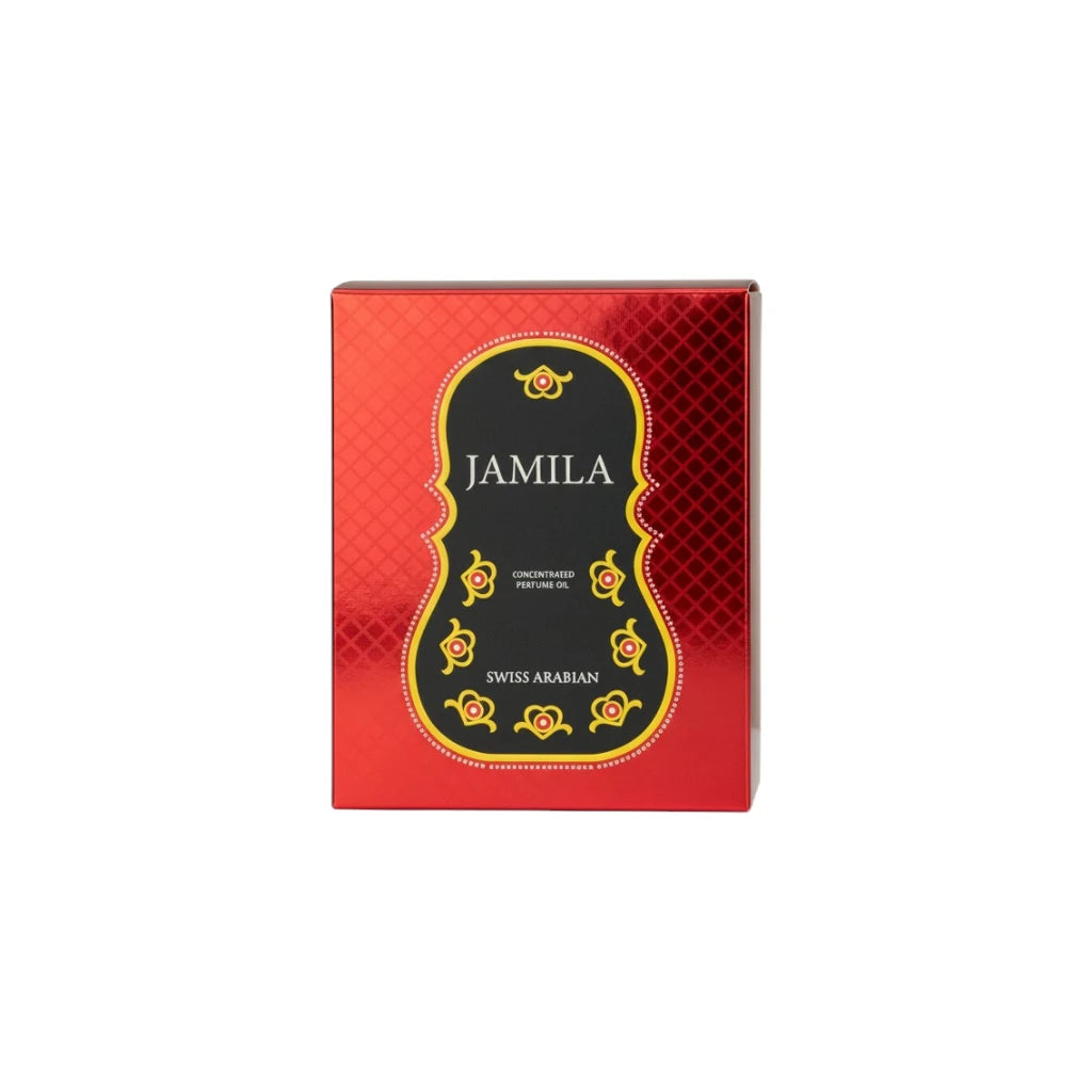 Red packaging of Jamila Swiss Arabian perfume with gold accents on a white background