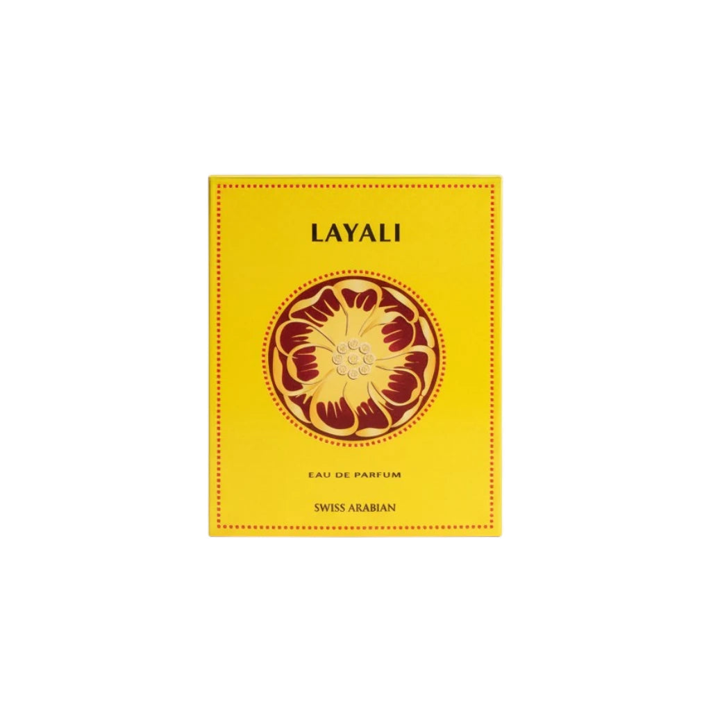 Yellow box of Layali perfume with a floral design on a white background