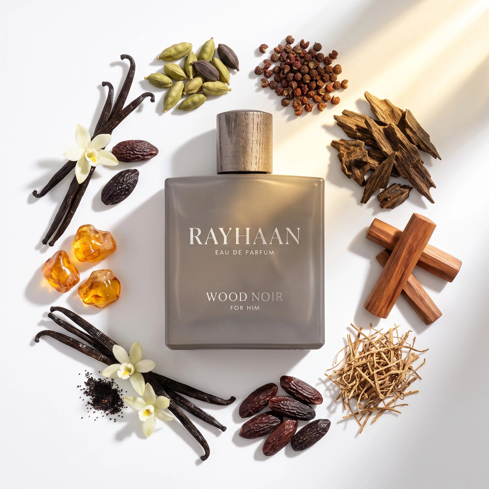 Wood Noir perfume bottle with oud, cardamom and sandalwood notes