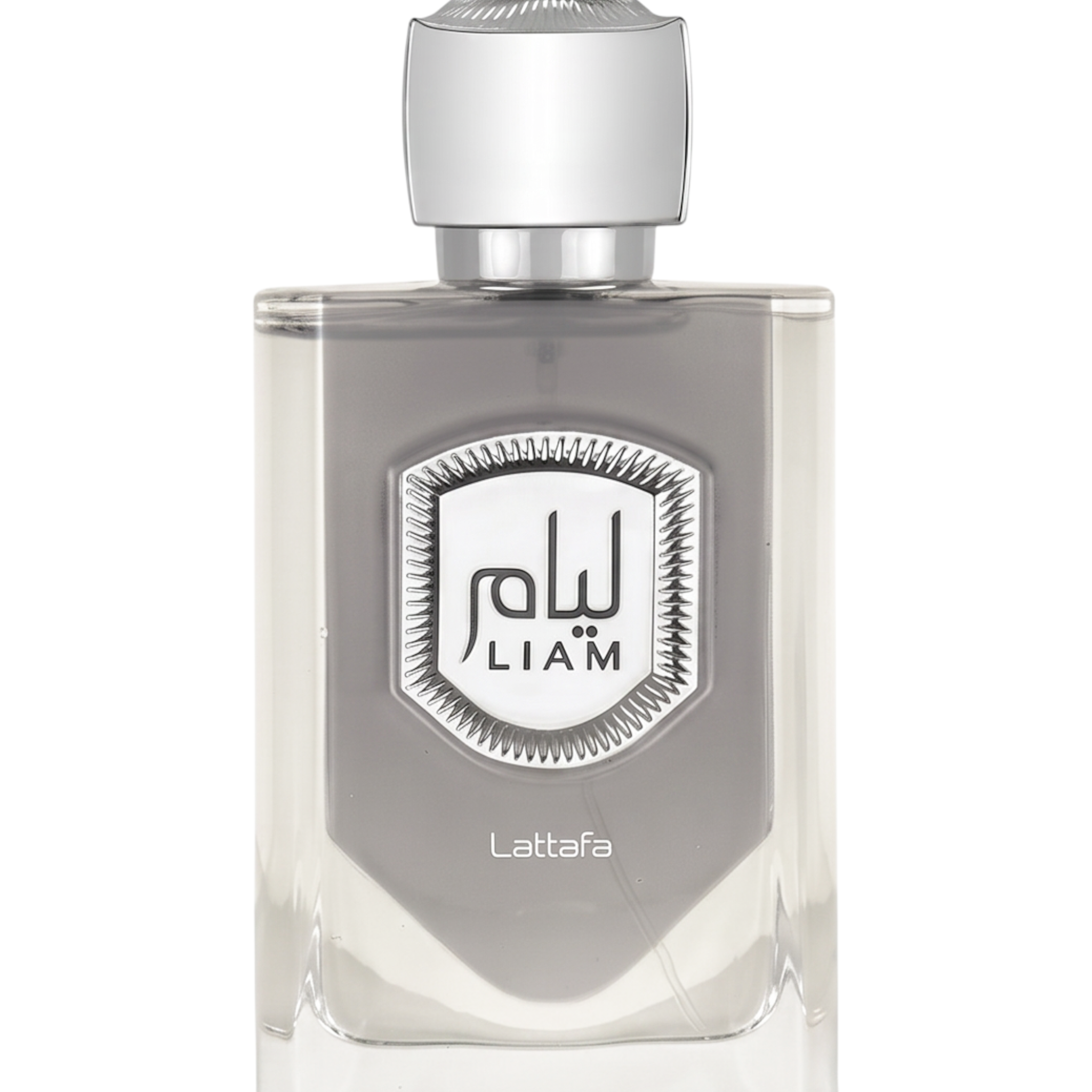 Palette 21 Lattafa Liam Grey 100ml perfume bottle with a silver cap and a shield-shaped label on a clear glass base.