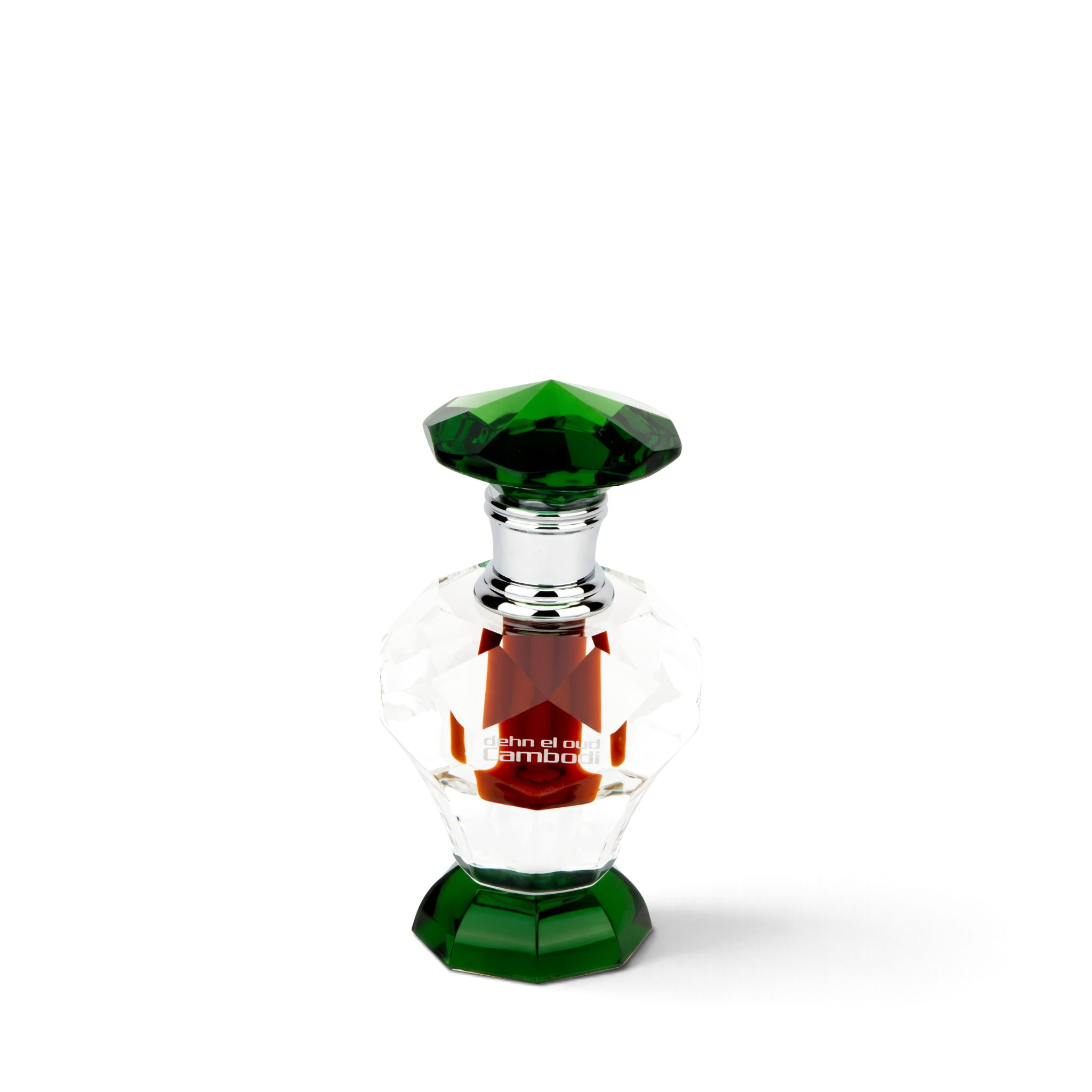 Palette 21 Dehn El Oud Cambodi perfume oil in a decorative clear and green crystal bottle with a silver cap