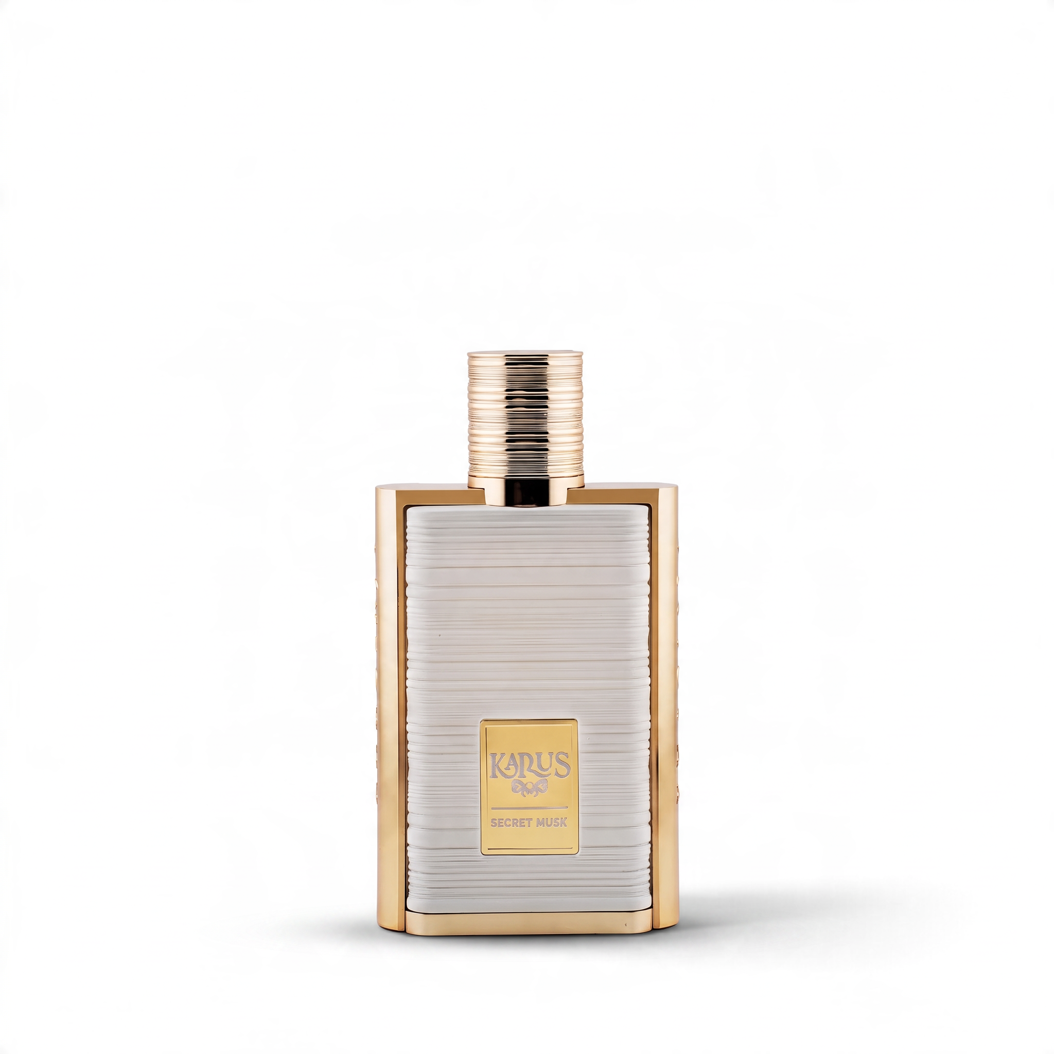 Palette 21 Khadlaj Karus Secret Musk 3.4 oz Eau de Parfum bottle with white ribbed texture and gold accents.