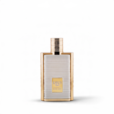 Palette 21 Khadlaj Karus Secret Musk 3.4 oz Eau de Parfum bottle with white ribbed texture and gold accents.