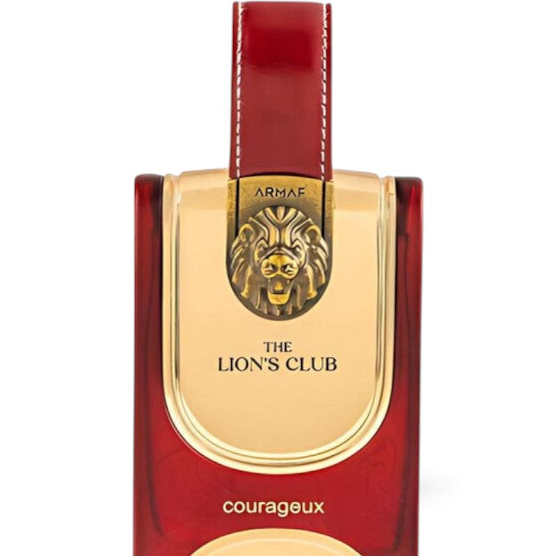Palette 21 Armaf Lion's Club Courageux EDP perfume bottle featuring a red glass body and gold lion emblem.