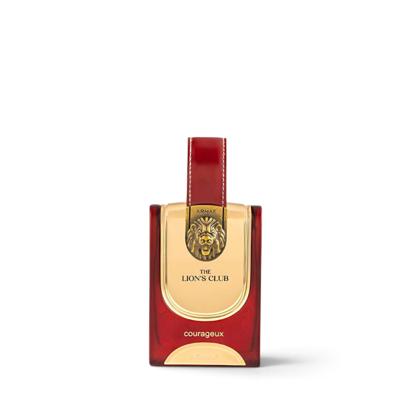Palette 21 Armaf Lion's Club Courageux men's eau de parfum in a red glass bottle with a gold lion emblem.