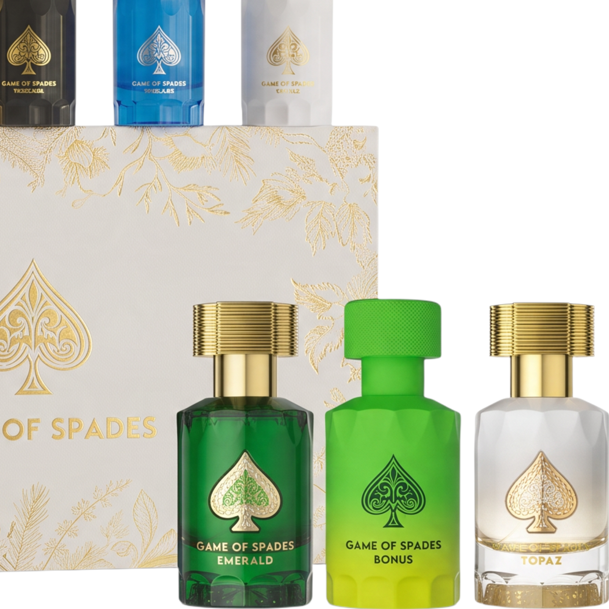 Palette 21 Jo Milano Paris Game of Spades fragrance gift set featuring Emerald, Bonus, and Topaz perfume bottles.