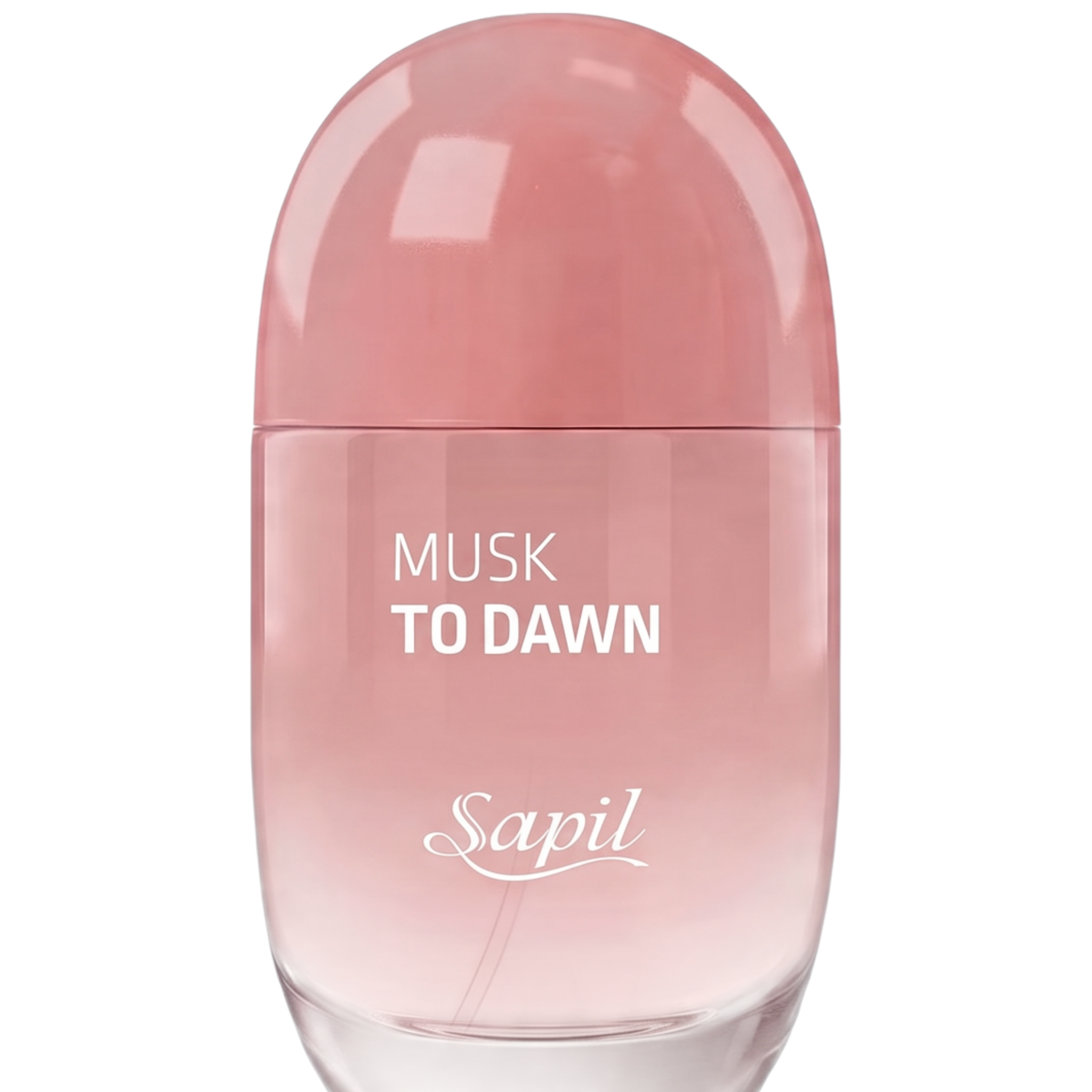 Palette 21 Musk to Dawn Sapil perfume for women in a sleek, rounded pink glass bottle with a matching cap.