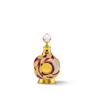 Palette 21 YULALI 15ml concentrated perfume oil in an ornate gold, burgundy, and cream bottle with crystal accents.