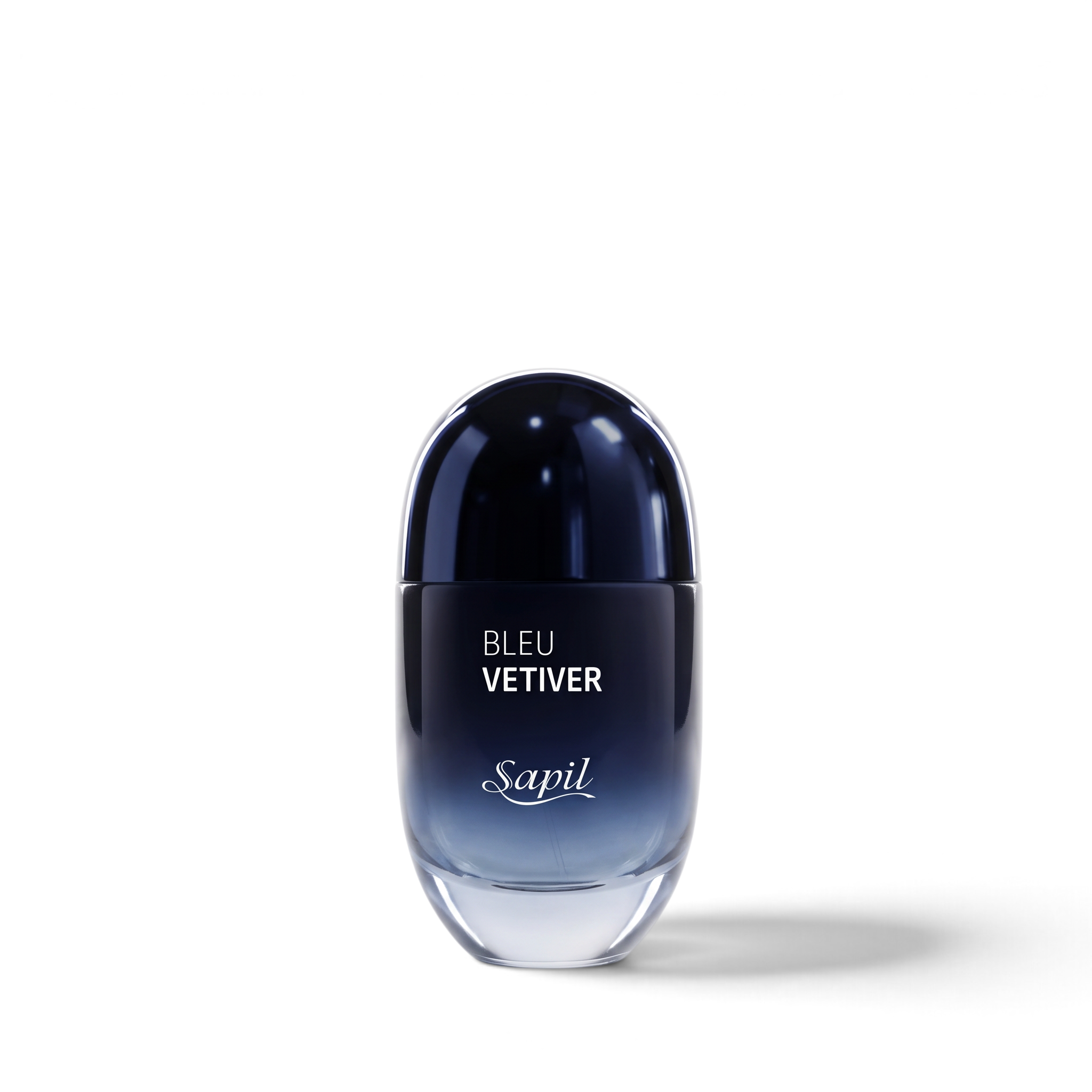 Palette 21 Bleu Vetiver Sapil men's fragrance in a sleek, dark blue gradient glass bottle on a white background.
