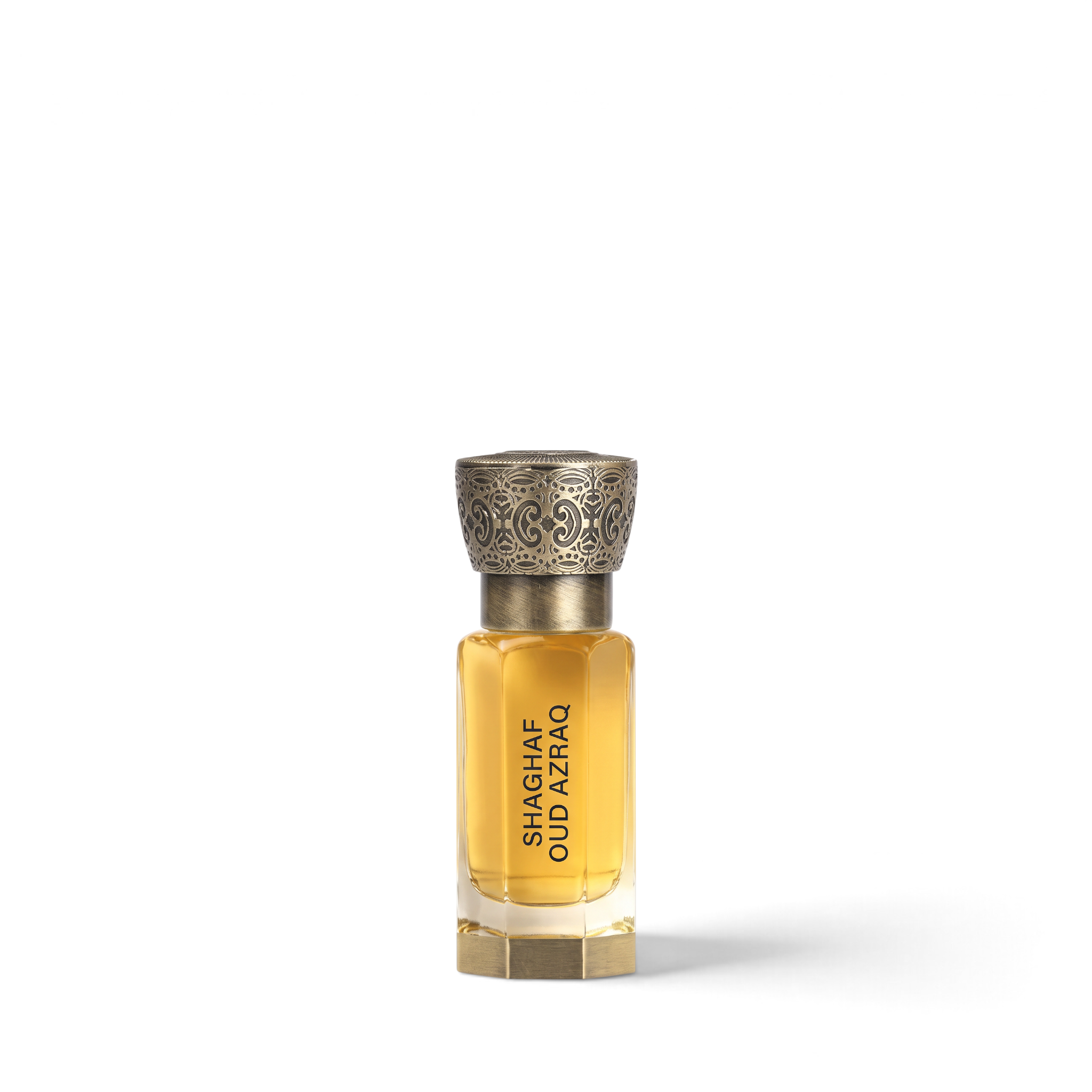 Palette 21 Shaghaf Oud Azraq concentrated perfume oil in a rectangular glass bottle with an ornate bronze cap