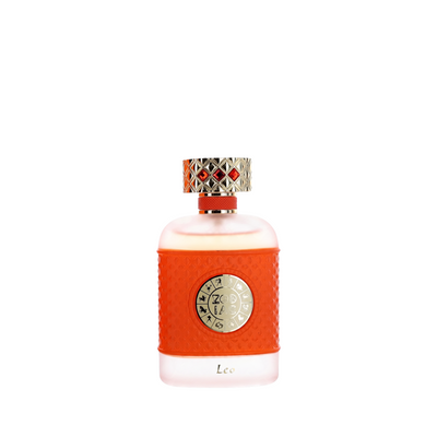 Palette 21 Jo Milano Leo Zodiac Eau de Parfum in a frosted glass bottle with an orange textured sleeve and gold cap.